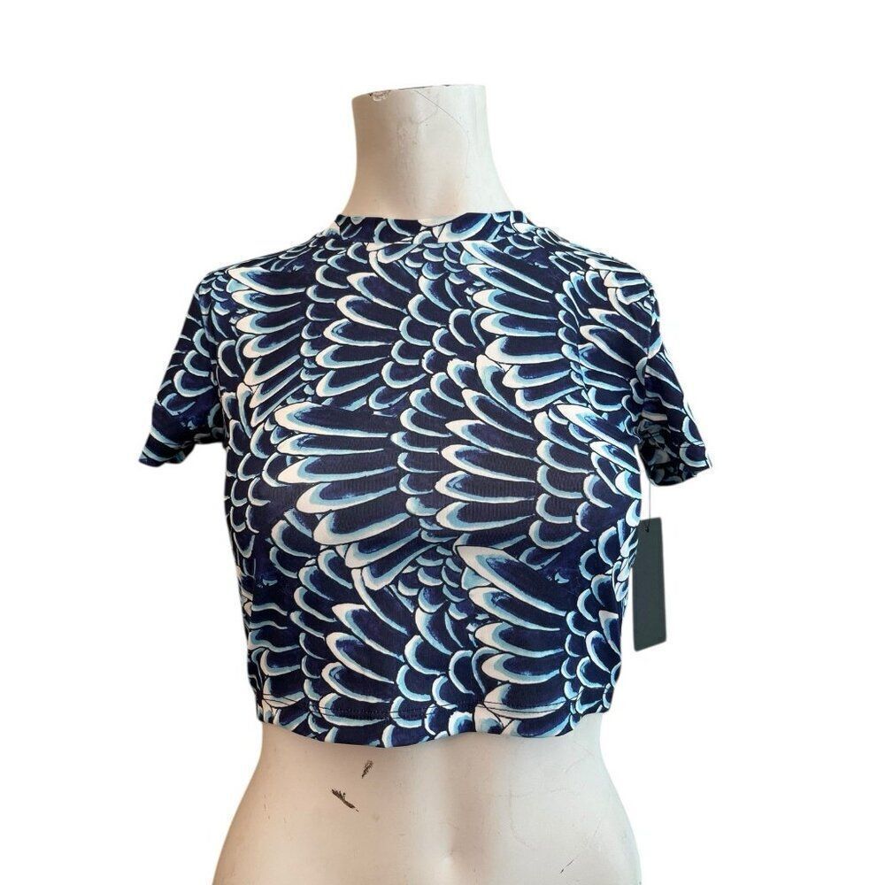 Ed Hardy Small Blue Wing Print Cropped Stretch Shirt High Neck NWT New